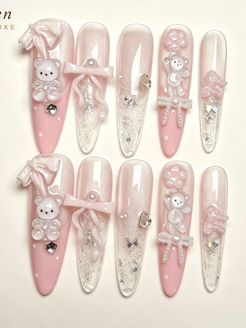 Cute Coquette Pink Glitter Long Almond Press On Nails With 3D Bow Bear Charms